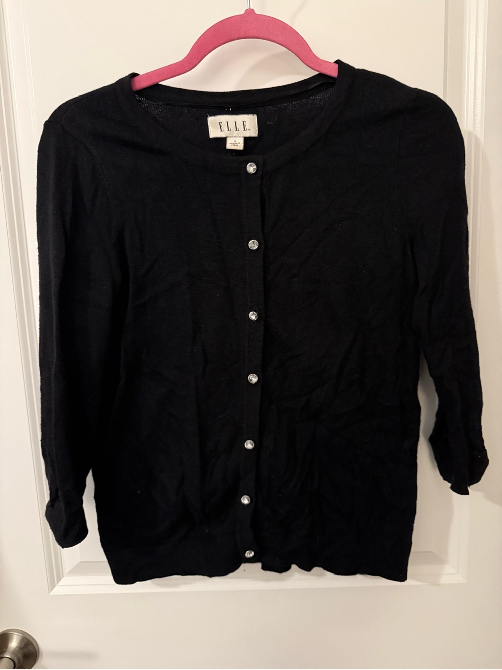🍁 Elle Black Rhinestone Button-Front Cardigan Sweater with bow sleeves